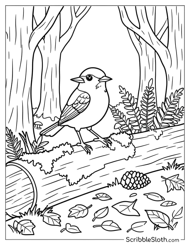 Bird Perched on Fallen Log