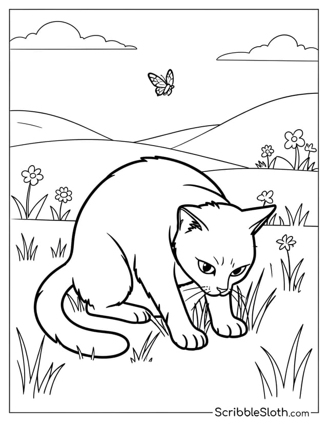 Cat Crouching in Meadow
