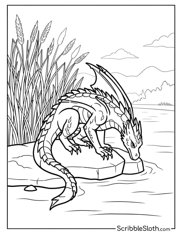 Dragon Crouched by Waterfall