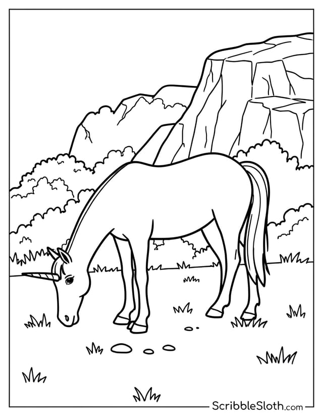 Unicorn Grazing Near Rocky Outcrop